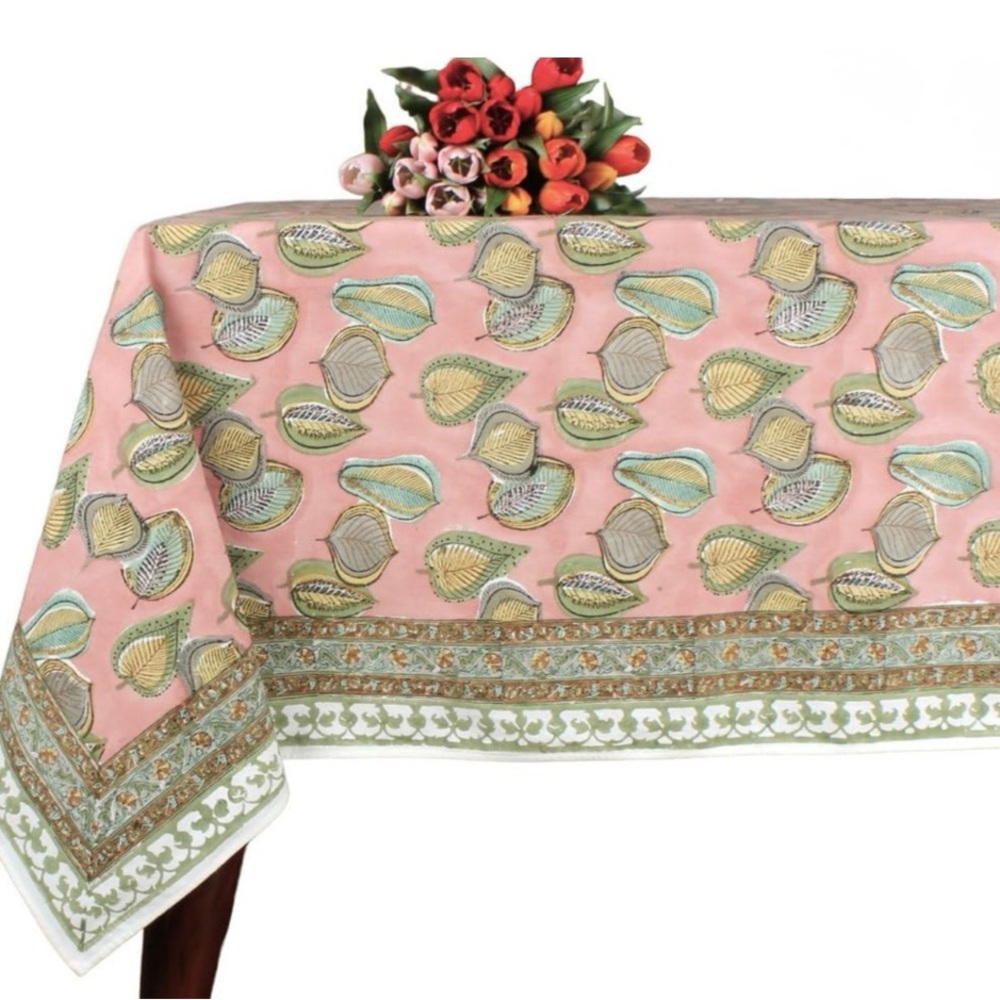 Ridhi Elegant Pink Tablecloth with Hand Painted Leaf Pattern Brand Nee